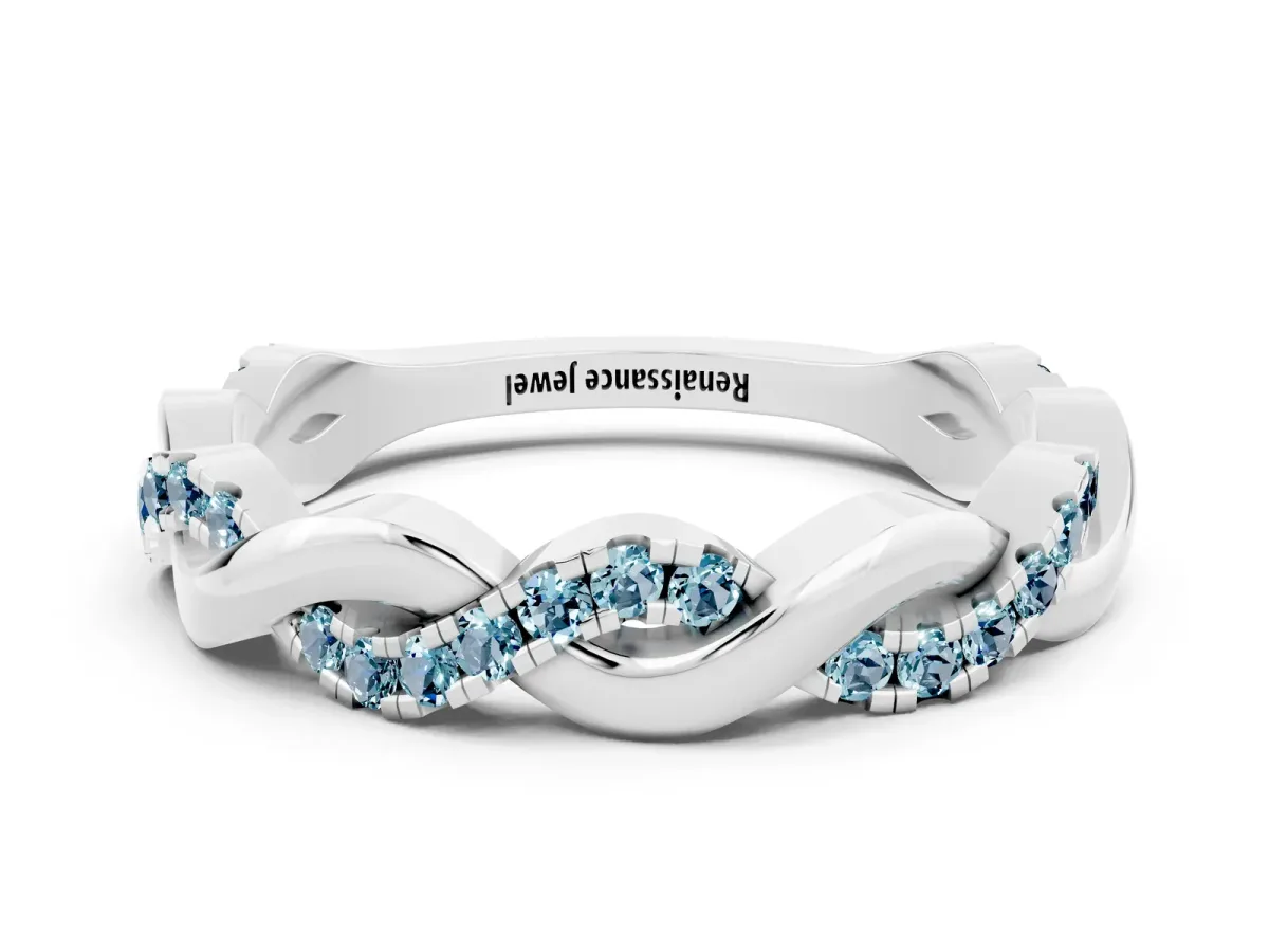 Pavé Round Aquamarine Twist Eternity Band with Shared Prong Setting Silver