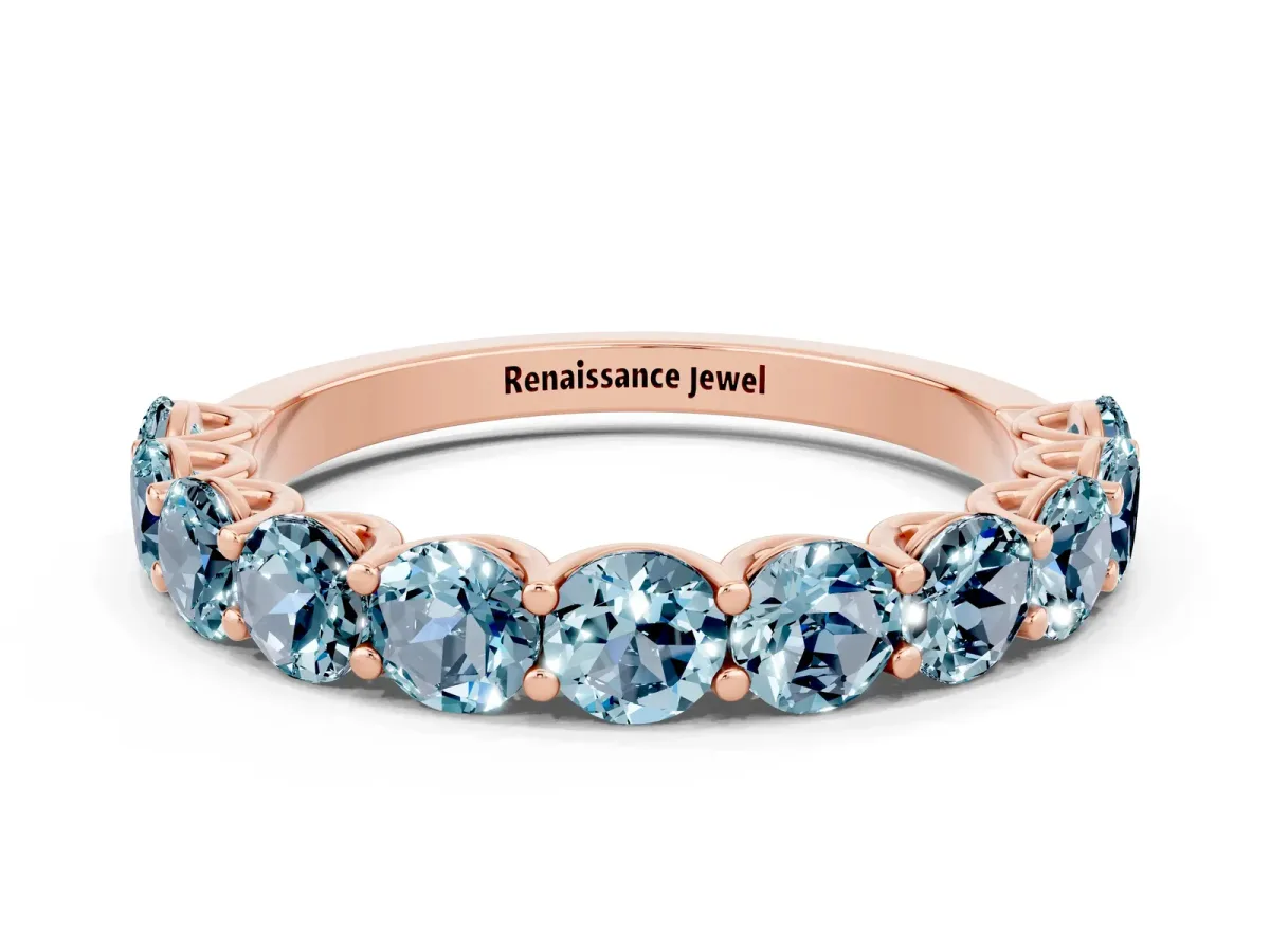 Round Aquamarine Shared Prong Eternity Band Rose gold