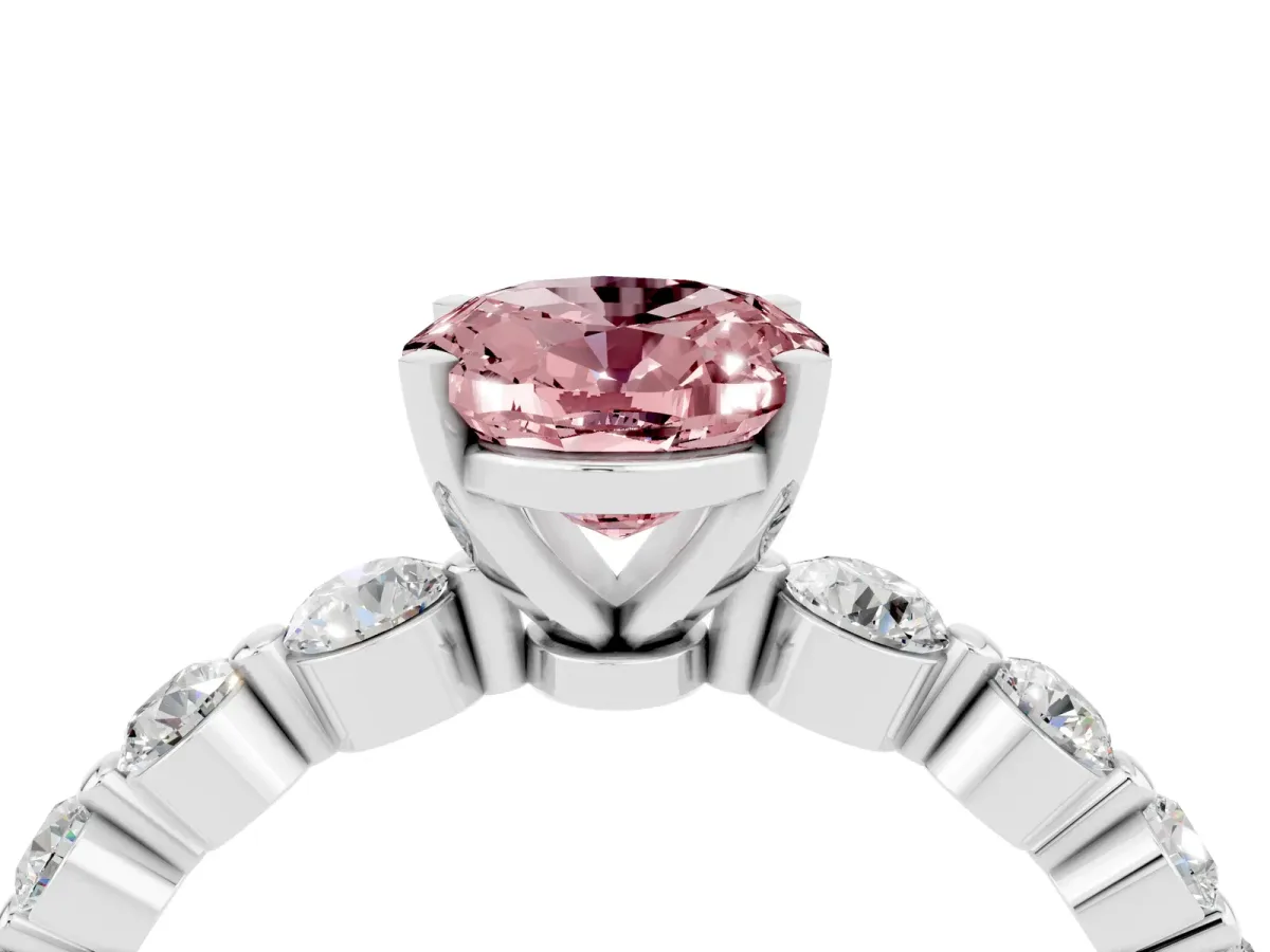 Oval Cut Solitaire Morganite Ring with Pave Band and Four-Prong Setting Silver