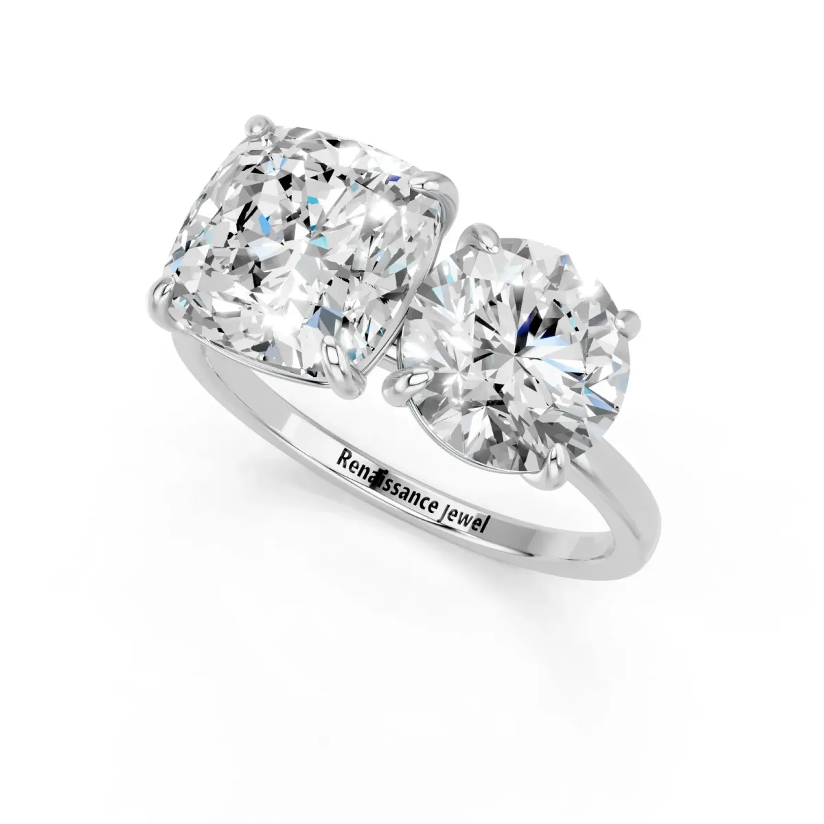 Round and Cushion Toi Moi Ring with Prong Setting and Plain Band Platinum