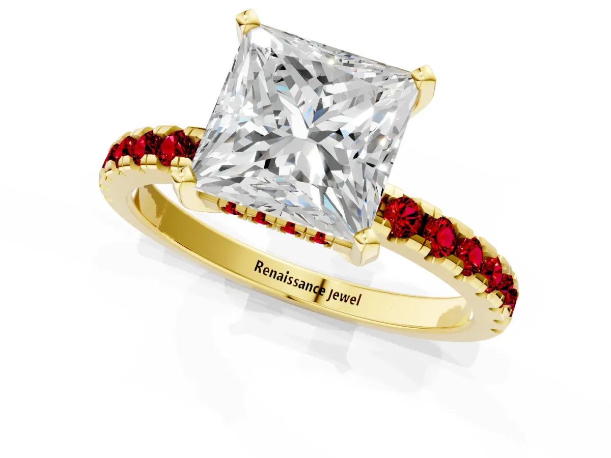 Princess Cut Diamond Solitaire Ring with Round Ruby Pavé Band and Four-Prong Setting Yellow gold