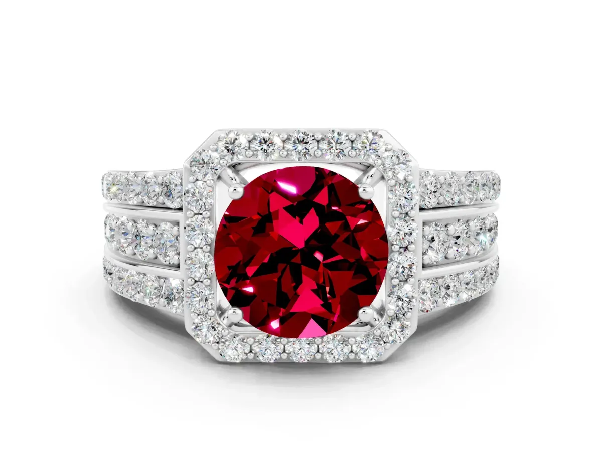 Round Cut Halo Garnet Ring with Round Split Shank and Prong Setting White gold