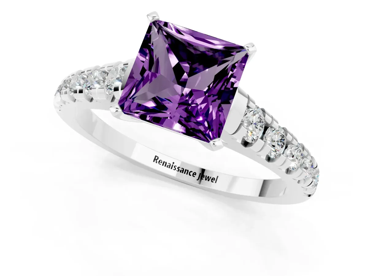 Princess Cut Amethyst Cathedral Solitaire Ring with Round Pavé Band Silver