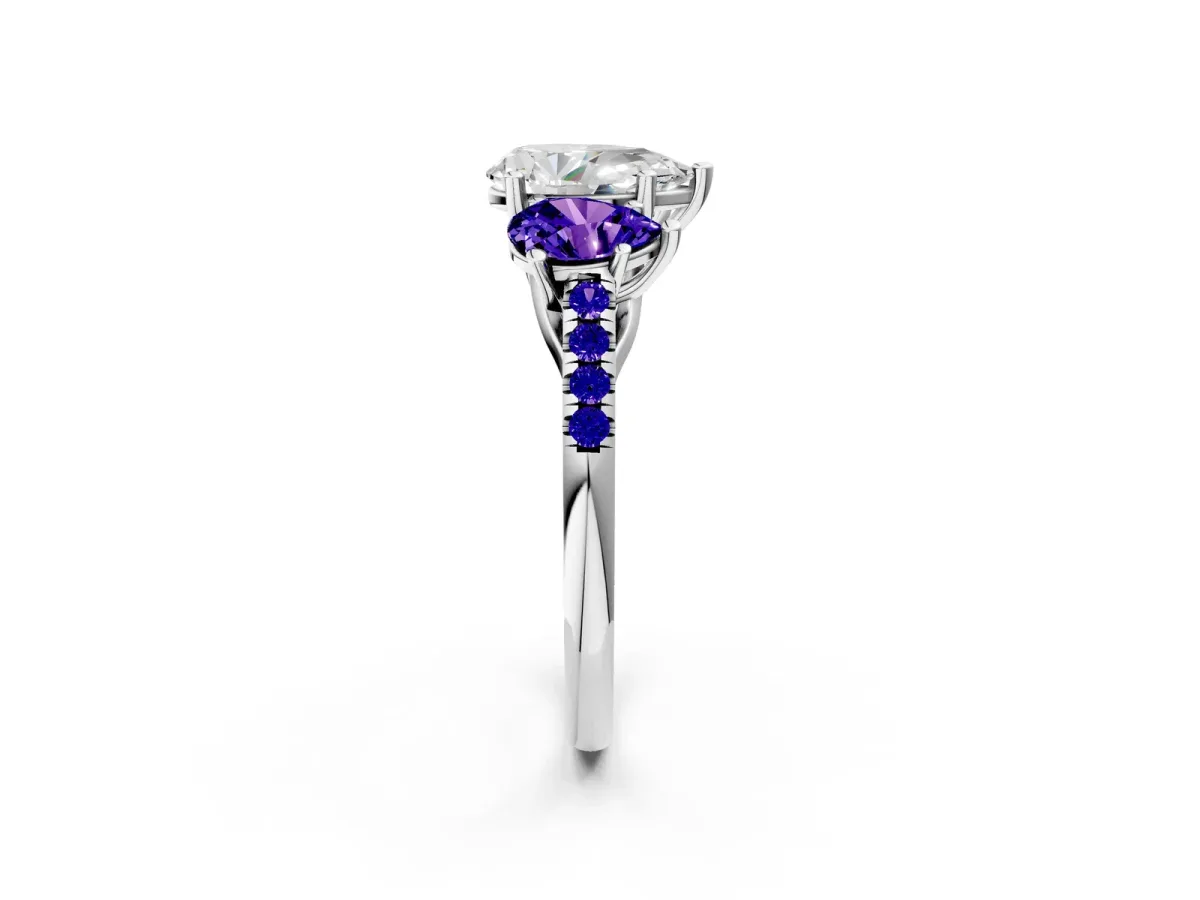 Three-Stone Pear Cut Diamond Ring with Round Tanzanite Pavé Band and Prong Setting Silver