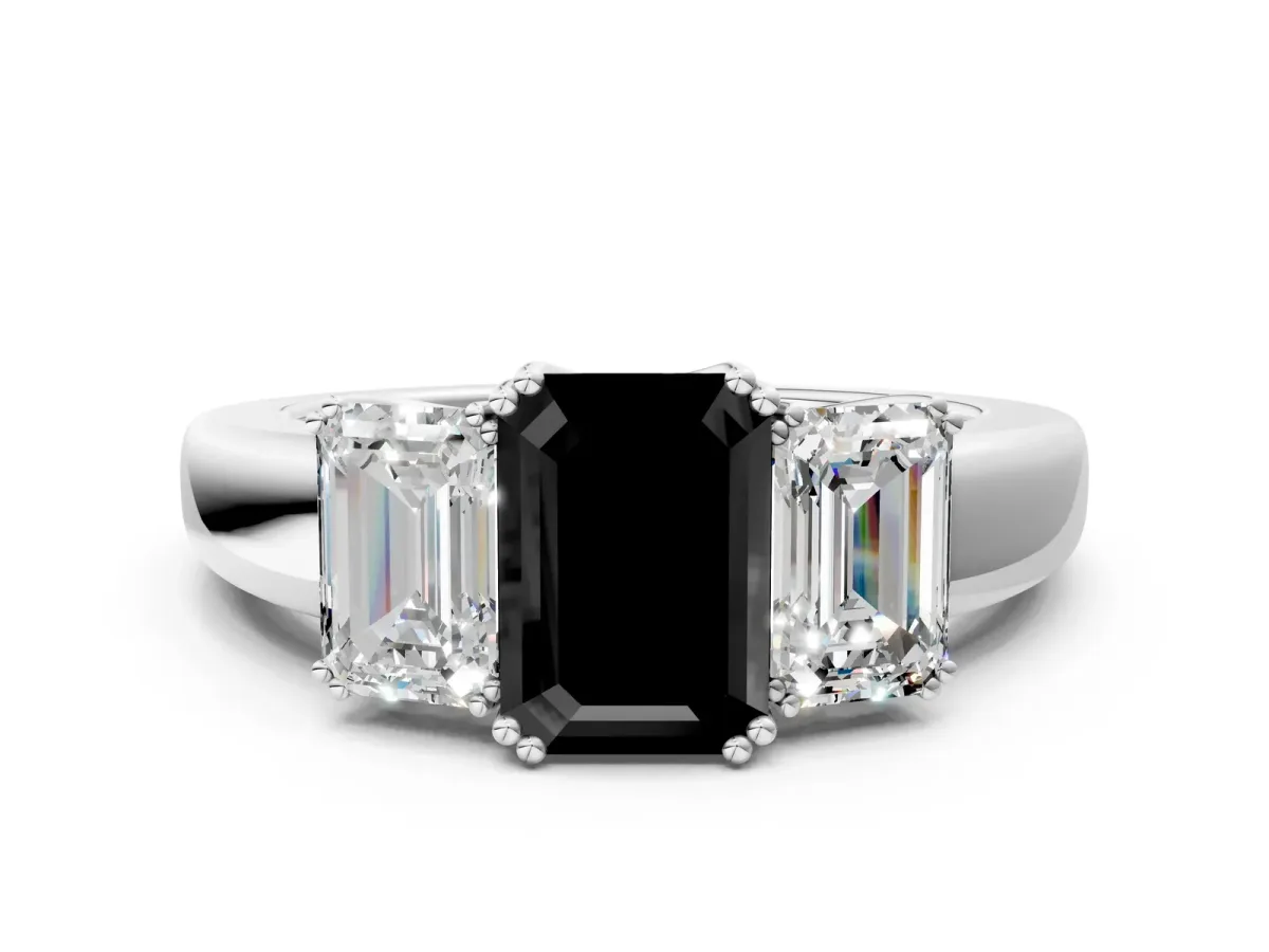 Fancy Black Three-Stone Emerald Cut Cut Diamond Ring with Channel Set Band and Four-Prong Setting Silver