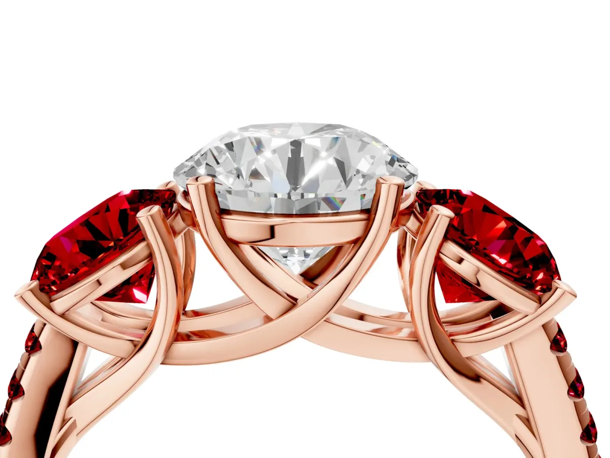 Three-Stone Round Cut Diamond Ring with Round Ruby Pavé Band and Prong Setting Rose gold
