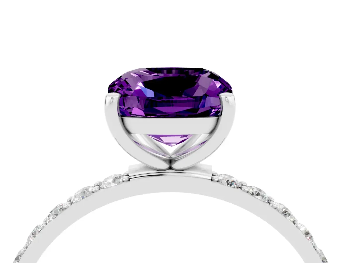 Cushion Cut Amethyst Solitaire Ring with Round Pavé Band and Prong Setting Silver