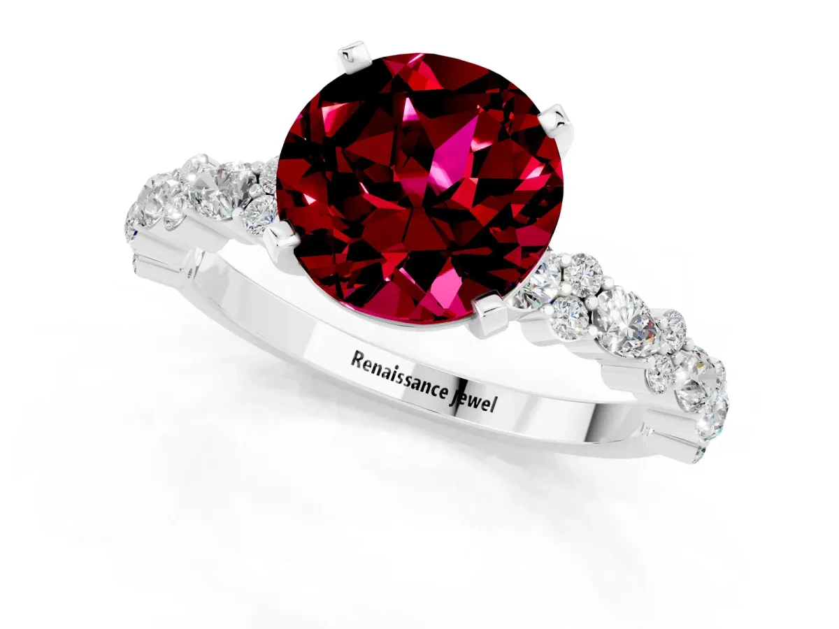 Round Cut Garnet Side Stone Solitaire Ring with Round and Four-Prong Setting Platinum