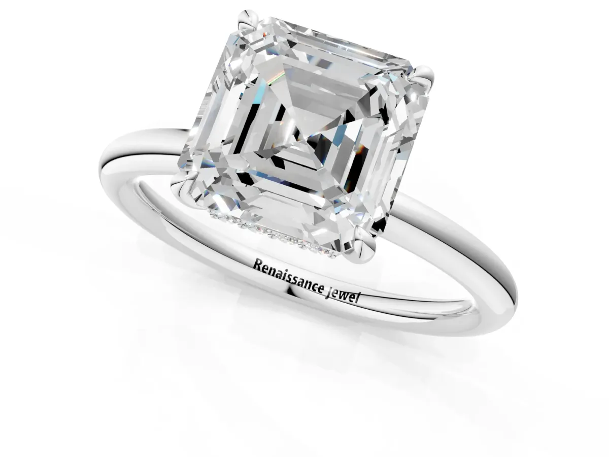 Asscher Cut Diamond Solitaire Ring with Thin Band and Four-Prong Setting Platinum