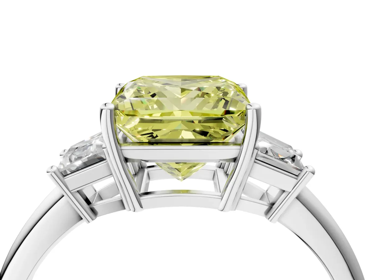 Fancy Yellow Princess Cut Diamond Three-Stone Ring with Trapezoid Side Stones and Prong Setting Silver