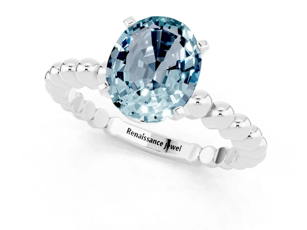 Oval Cut Aquamarine Solitaire Ring with Beaded Band and Prong Setting Platinum