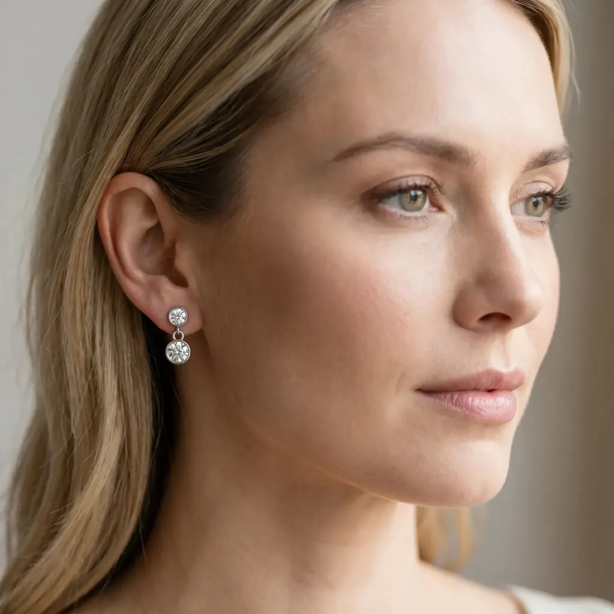 Bezel-Set Round Cut Drop Earrings with Post Back Silver