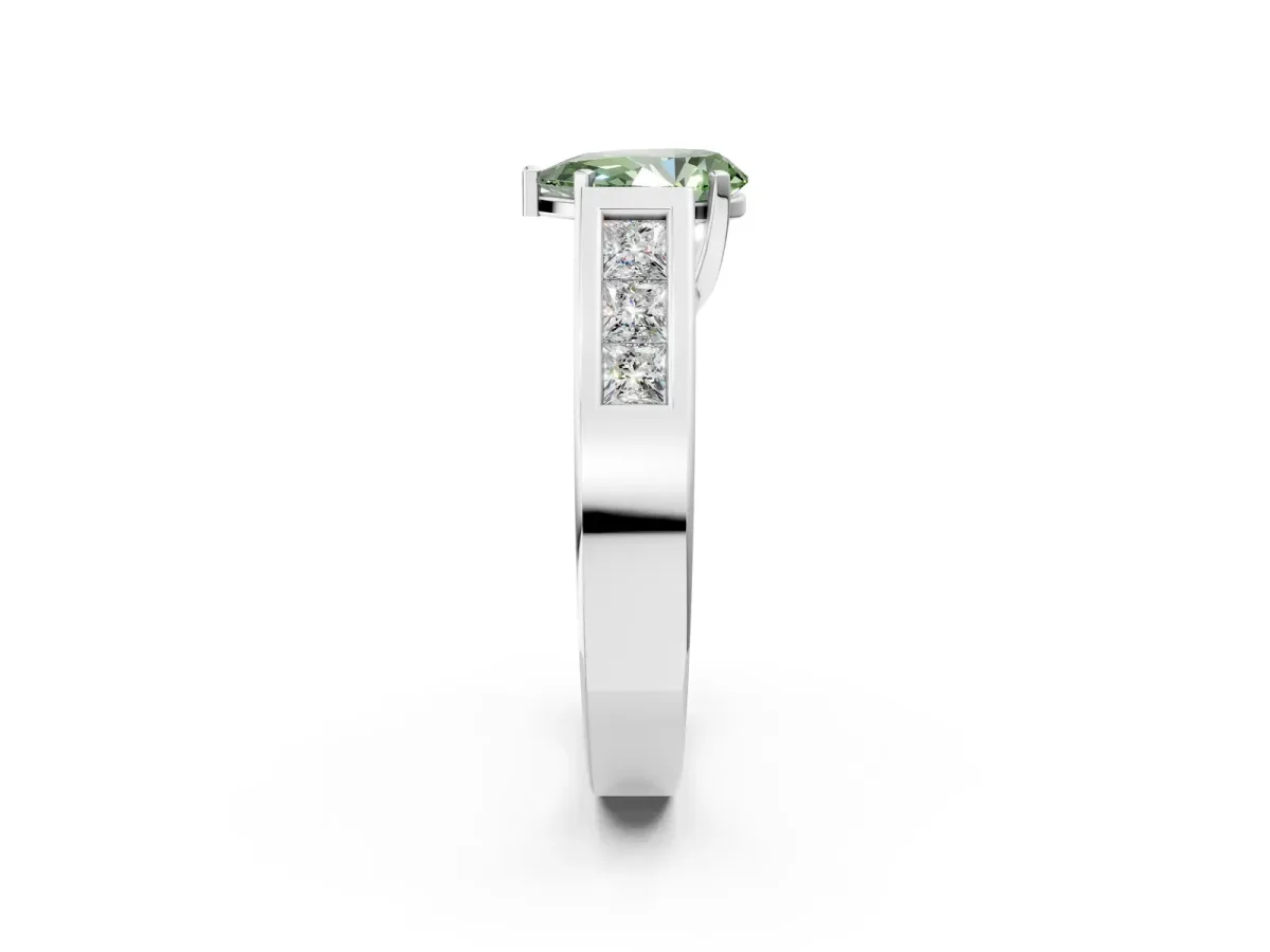Fancy Green Pear Cut Cut Channel Set Solitaire Ring with Four-Prong Setting Silver