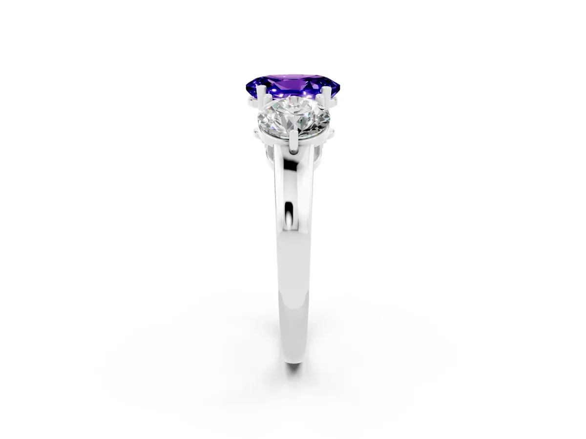 Oval Cut Tanzanite Three-Stone Ring with Prong Setting and Classic Band White gold