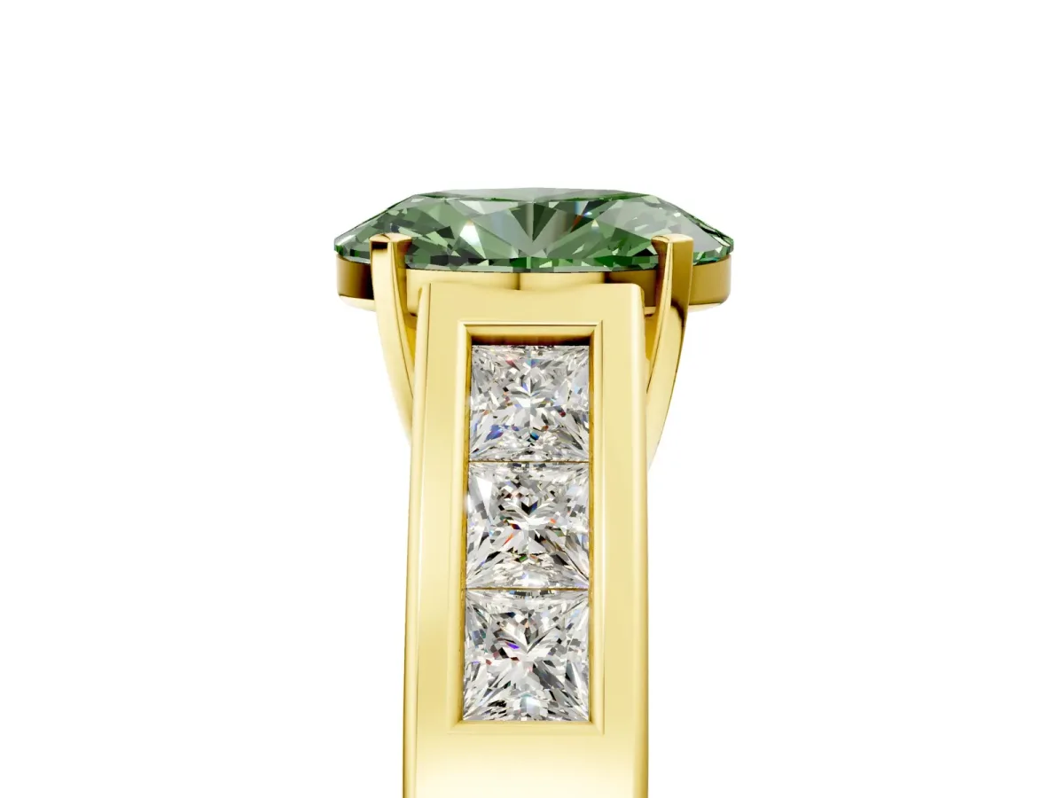 Fancy Green Oval Cut Cut Channel Set Solitaire Ring with Four-Prong Setting Yellow gold
