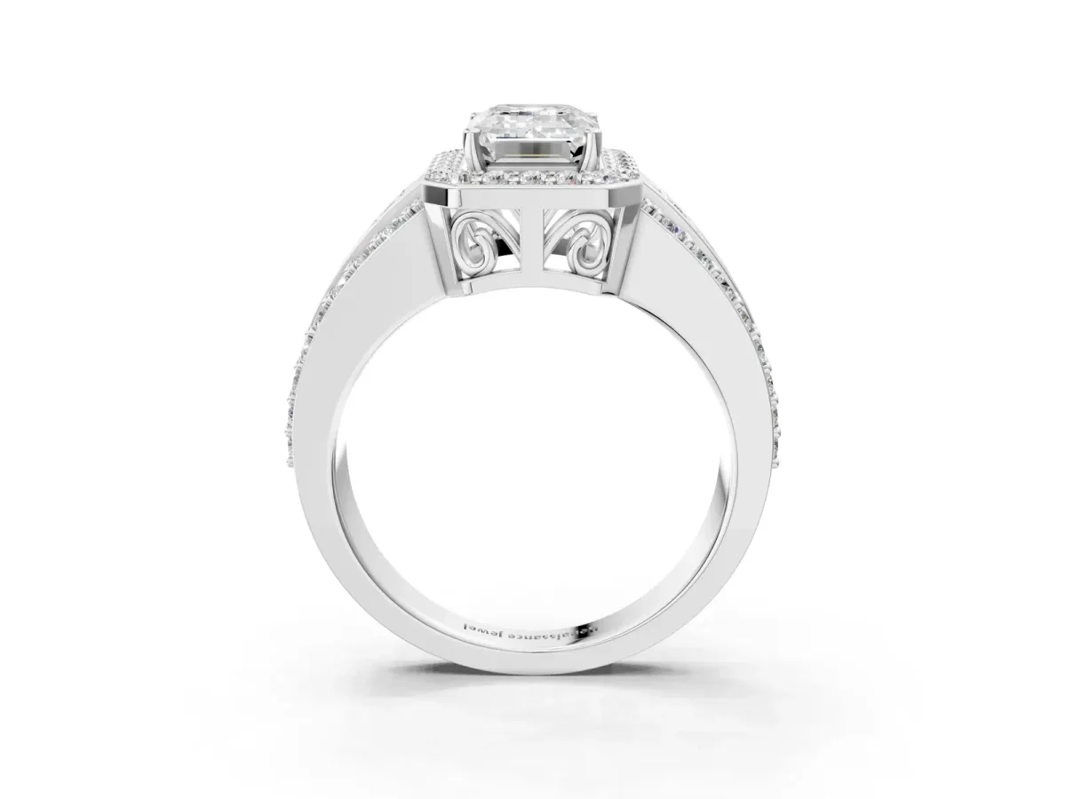 Emerald Cut Halo Diamond Ring with Round Split Shank and Prong Setting Platinum