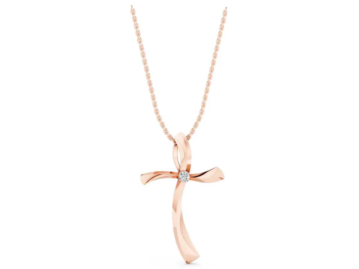 Curved Cross Pendant with Round Diamond in Bezel Setting Rose gold