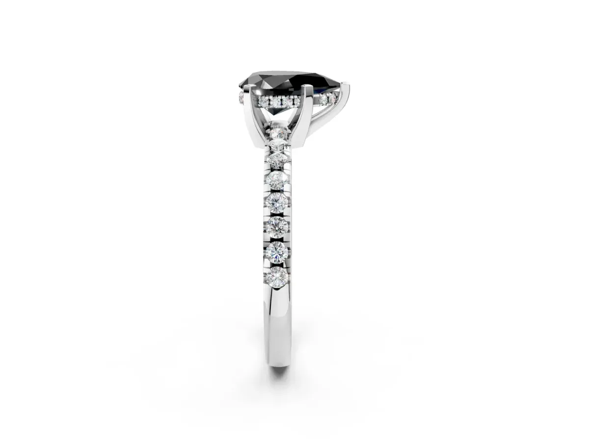 Fancy Black Pear Cut Diamond Solitaire Ring with Round Pavé Band and Four-Prong Setting Silver