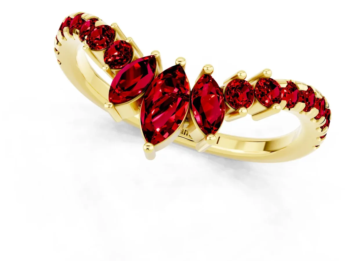 Chevron Marquise and Round Ruby Open Band with Prong Setting Yellow gold