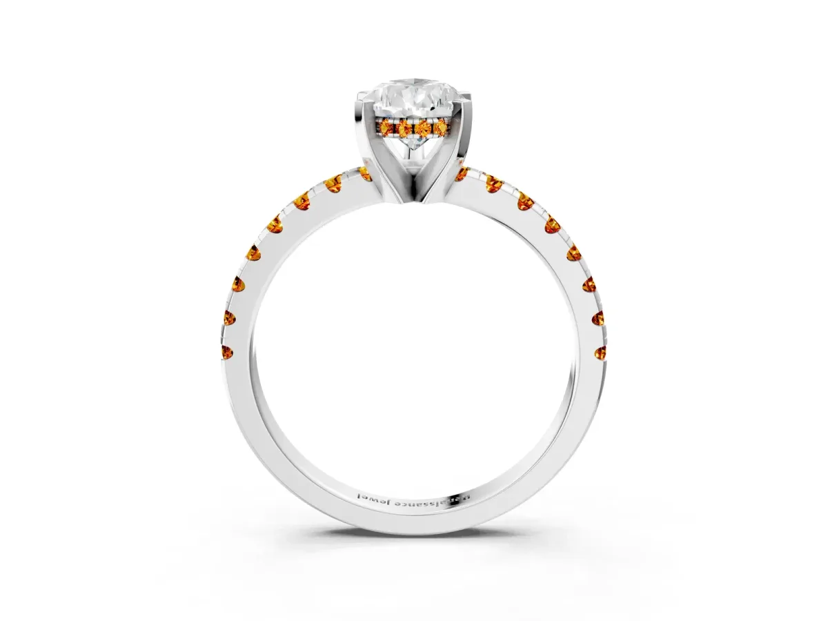 Pear Cut Diamond Solitaire Ring with Round Citrine Pavé Band and Four-Prong Setting Silver