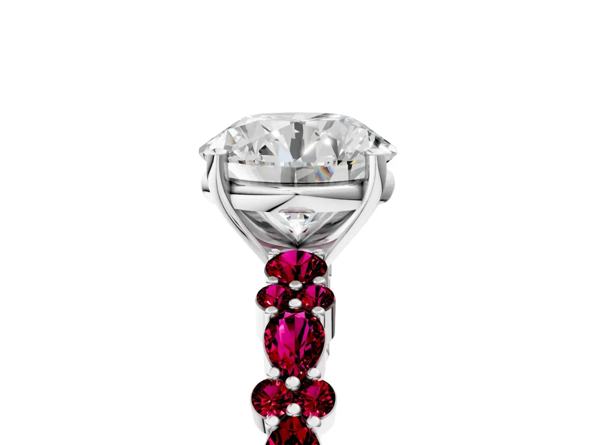 Round Cut Diamond Side Stone Solitaire Ring with Round Garnet and Four-Prong Setting Silver