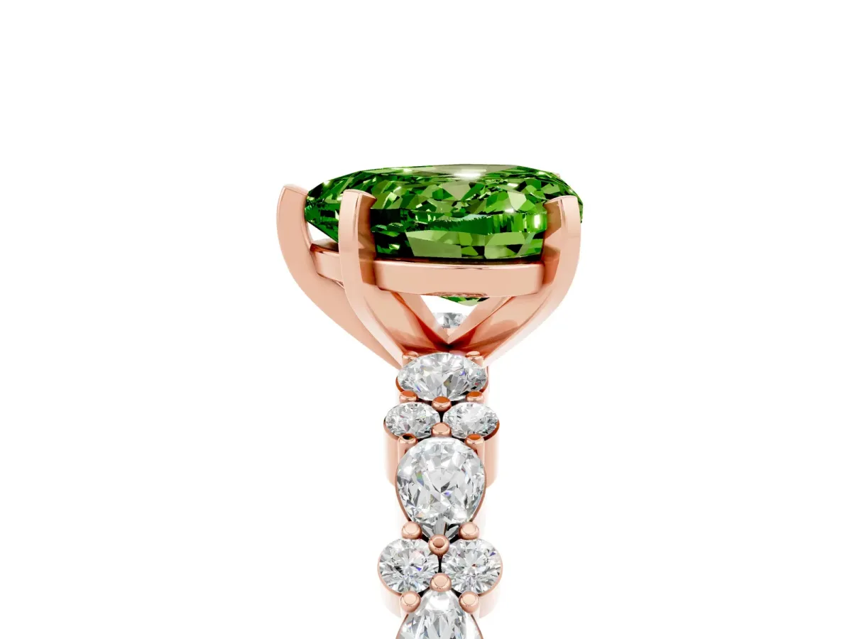 Heart Cut Peridot Side Stone Solitaire Ring with Round and Four-Prong Setting Rose gold