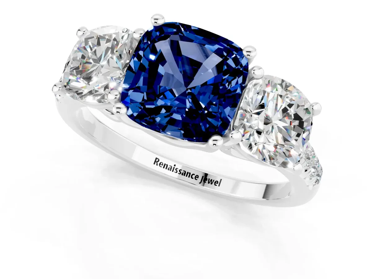 Three-Stone Cushion Cut Blue Sapphire Ring with Round Pavé Band and Prong Setting Silver