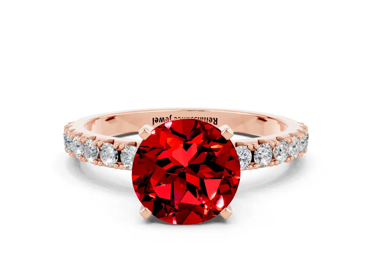Round Cut Ruby Solitaire Pavé Band with Four-Prong Setting Rose gold