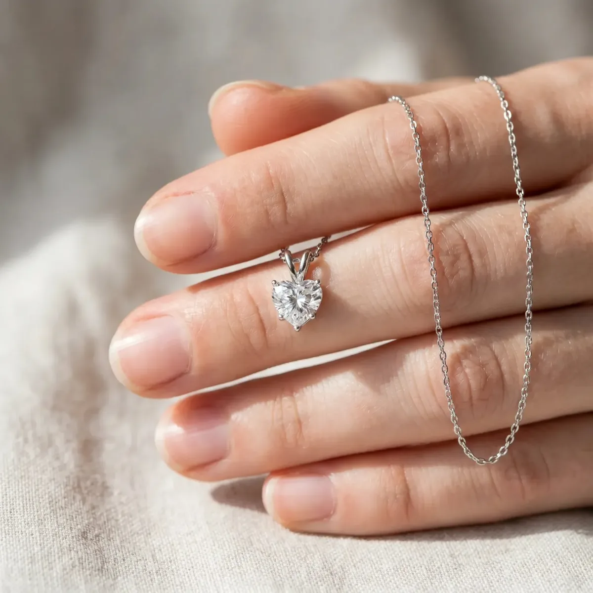 Heart-Shaped Diamond Solitaire Pendant with Four-Prong Setting Silver