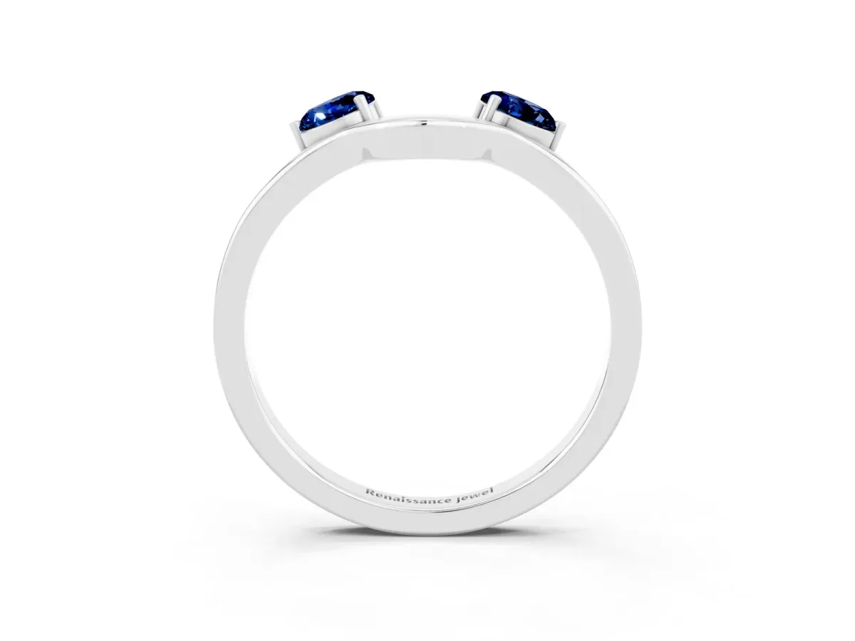 Dual Round Blue Sapphire Open Band Ring with Prong Setting Platinum