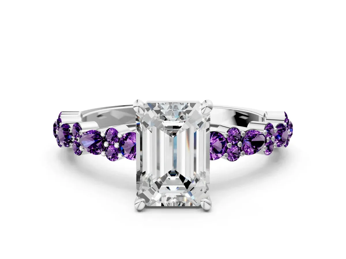 Emerald Cut Diamond Side Stone Solitaire Ring with Round Amethyst and Four-Prong Setting Platinum
