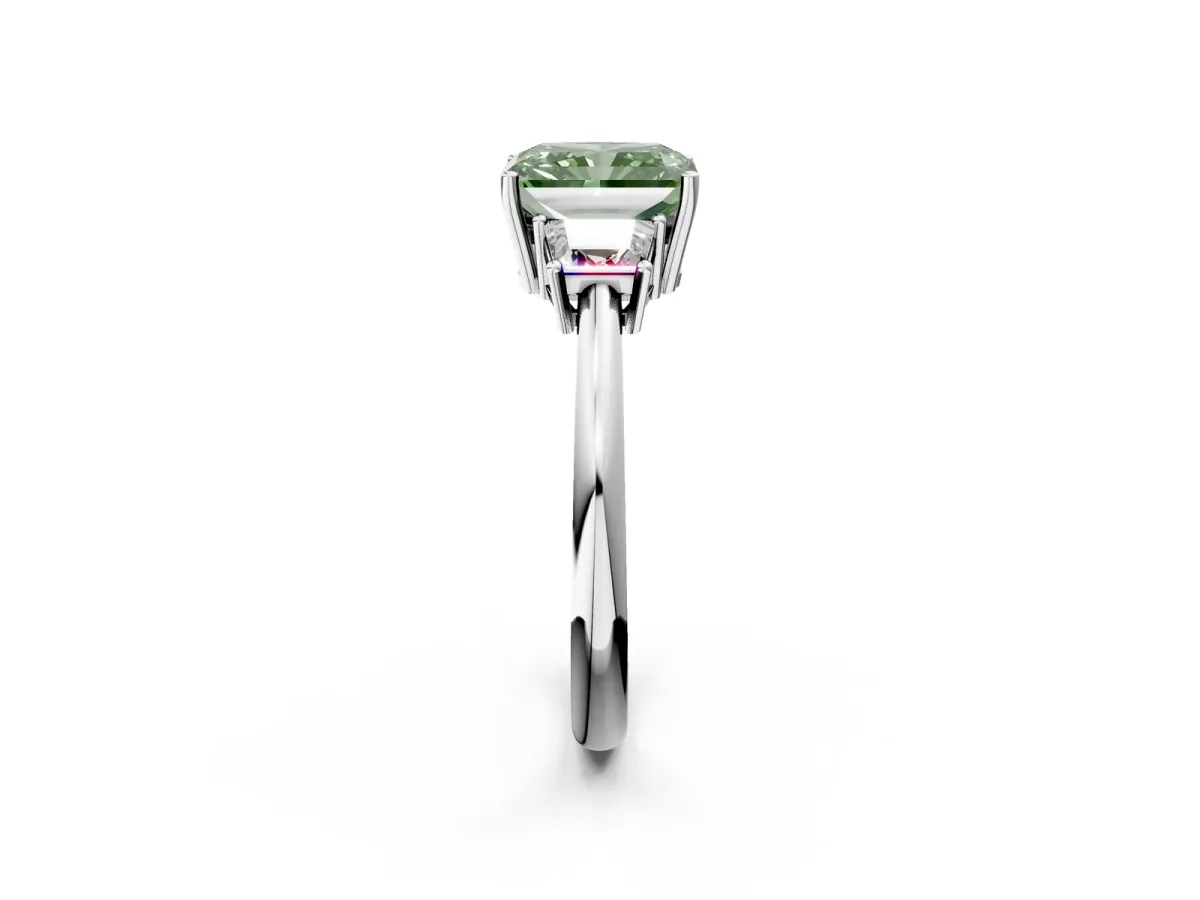 Fancy Green Radiant Cut Diamond Three-Stone Ring with Trapezoid Side Stones and Prong Setting Silver
