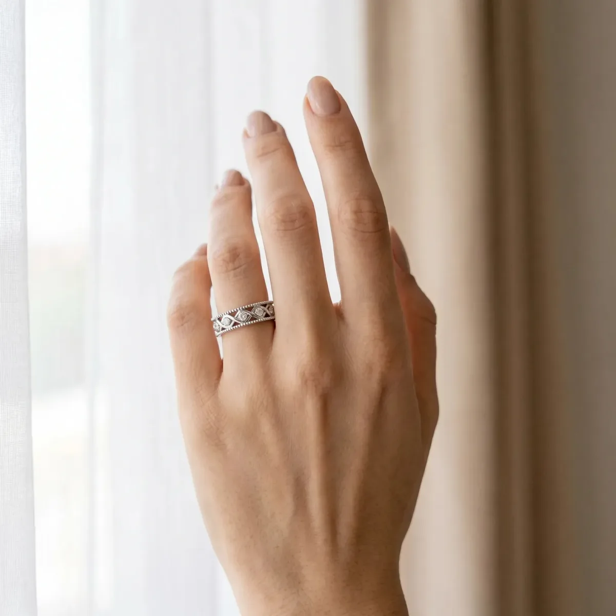Round Diamond Twist Milgrain Band with Bezel Setting Silver