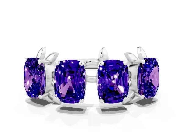 Four-Stone Elongated Cushion Tanzanite Band with Nature-Inspired Prong Setting Platinum