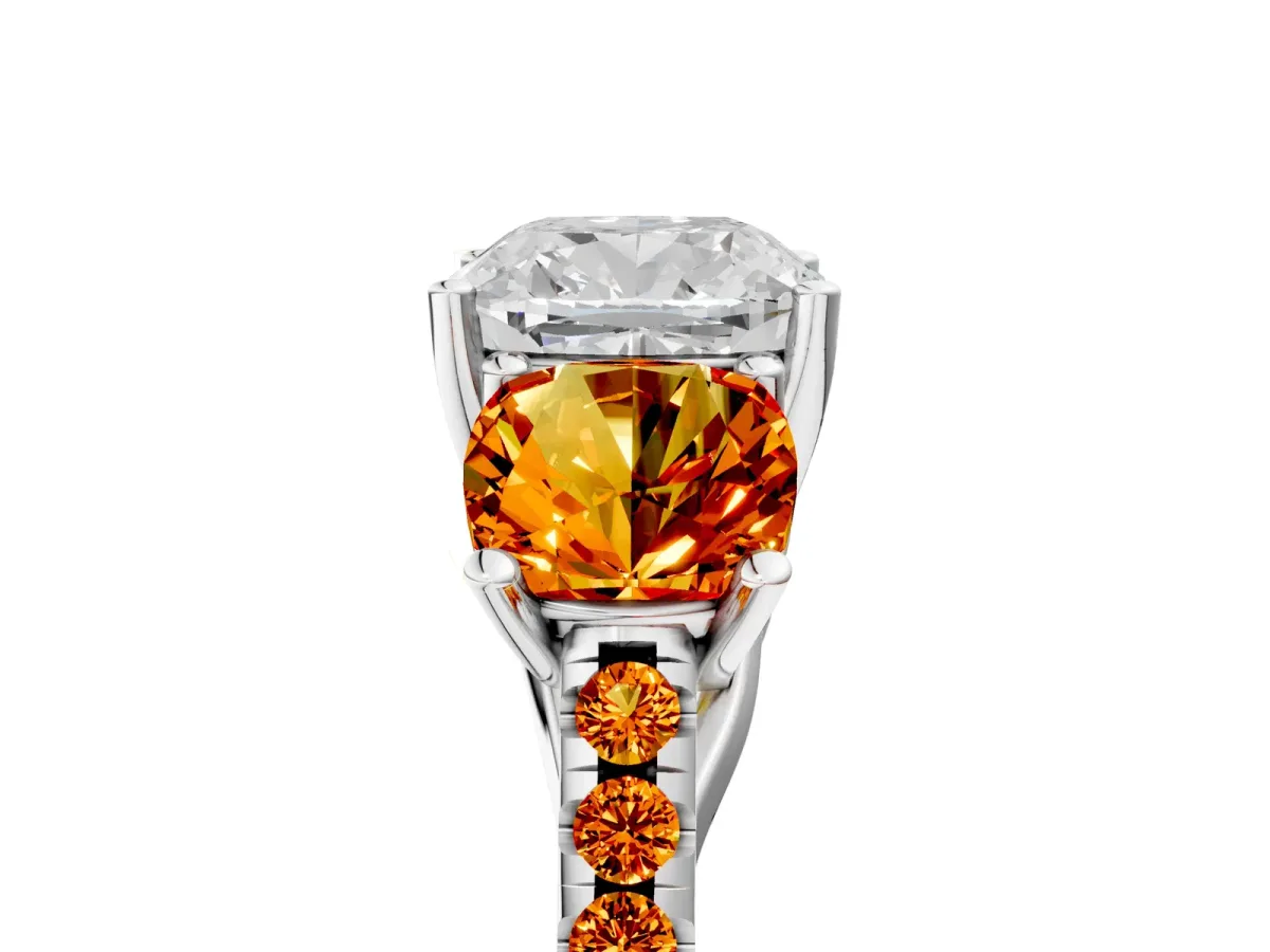 Three-Stone Cushion Cut Diamond Ring with Round Citrine Pavé Band and Prong Setting Silver