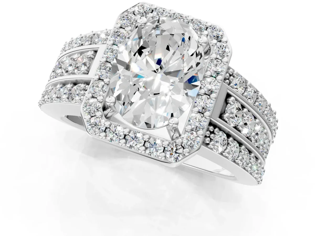Oval Cut Halo Diamond Ring with Round Split Shank and Prong Setting Silver
