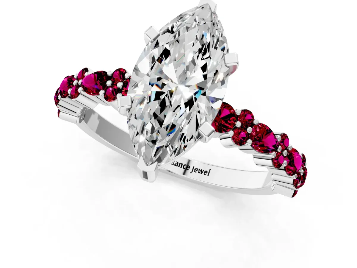 Marquise Cut Diamond Side Stone Solitaire Ring with Round Garnet and Four-Prong Setting Platinum
