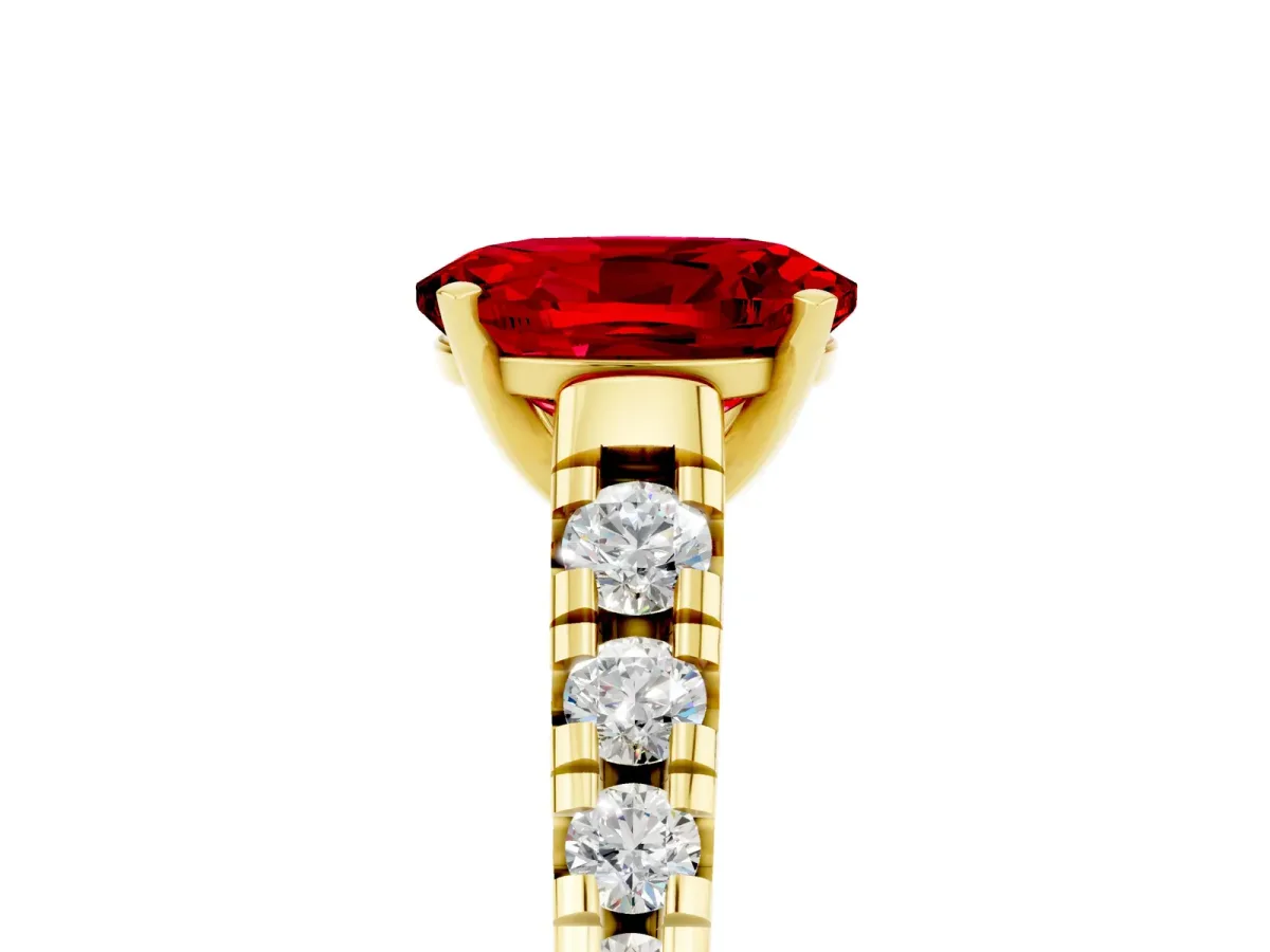 Oval Cut Ruby Cathedral Solitaire Ring with Round Pavé Band Yellow gold