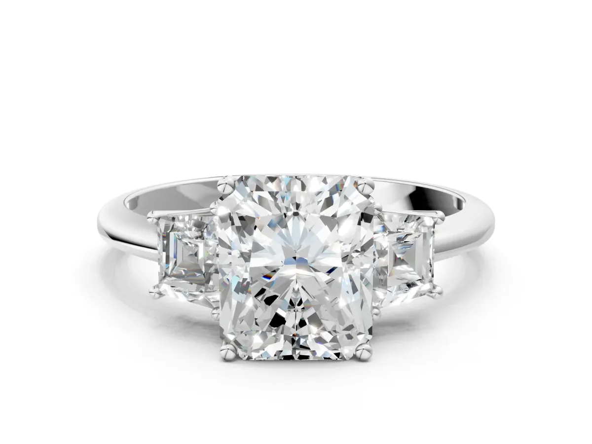 Radiant Cut Diamond Three-Stone Ring with Trapezoid Side Stones and Prong Setting Platinum