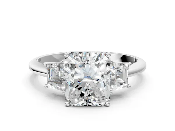 Radiant Cut Diamond Three-Stone Ring with Trapezoid Side Stones and Prong Setting Platinum
