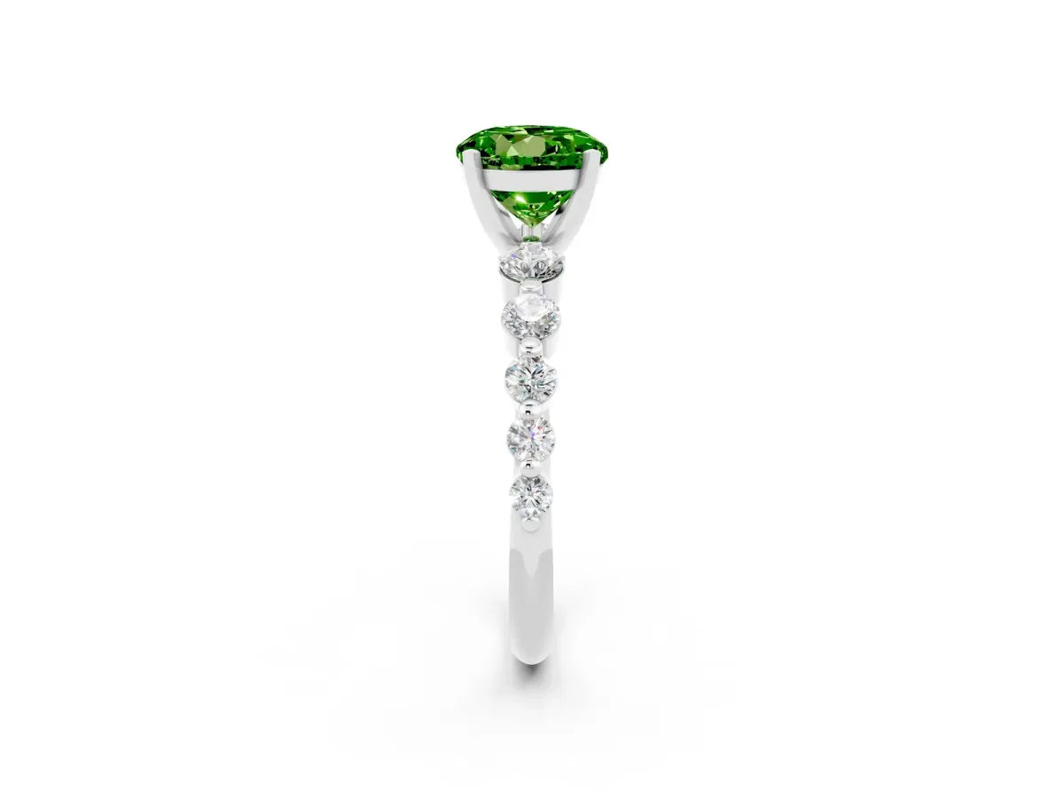 Round Cut Solitaire Peridot Ring with Pave Band and Four-Prong Setting Silver