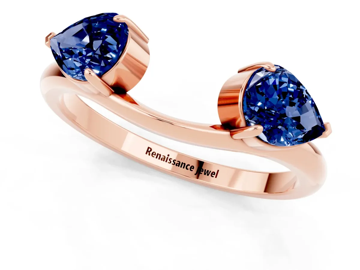 Two-Stone Pear Blue Sapphire Bypass Ring with Prong Setting Rose gold