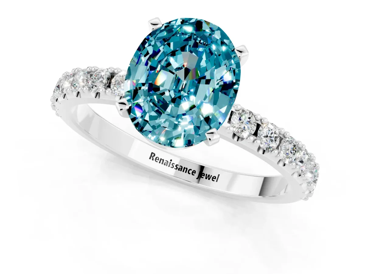 Oval Cut Blue Topaz Solitaire Pavé Band with Four-Prong Setting Silver