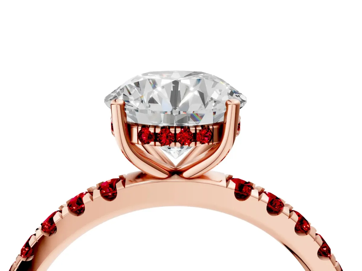 Round Cut Diamond Pave Band Solitaire Ring with Round Ruby and Prong Setting Rose gold