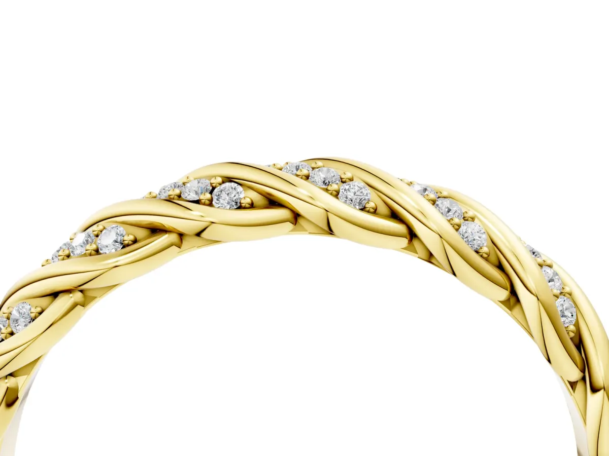 Twisted Pavé Round Diamond Eternity Band with Shared Prong Setting Yellow gold