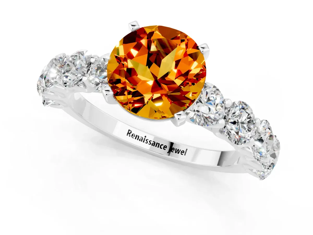 Round Cut Citrine Prong Setting with Side Stones on a Pave Band Platinum