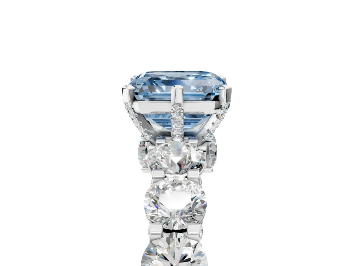 Fancy Blue Asscher Cut Diamond Side Stone Engagement Ring with Four-Prong Setting White gold