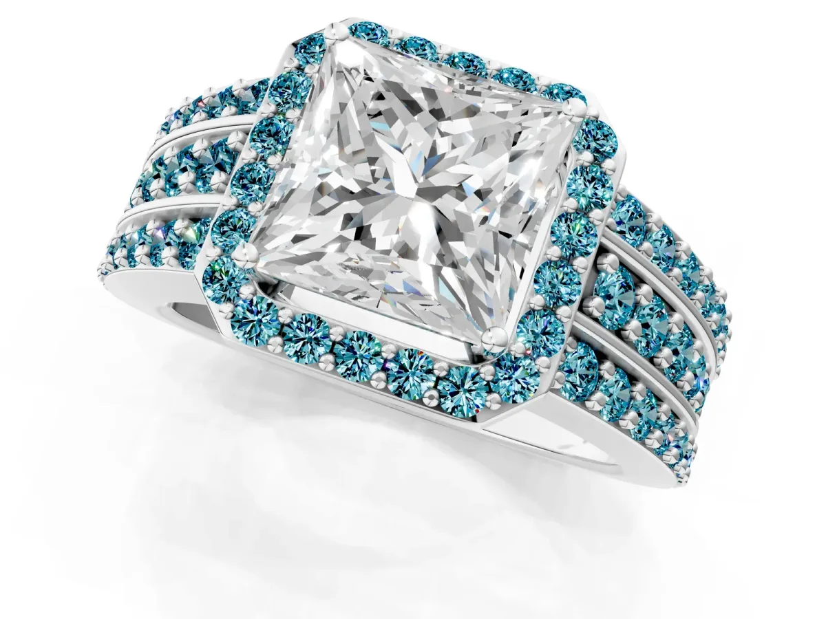 Princess Cut Halo Diamond Ring with Round Blue Topaz Split Shank and Prong Setting Silver