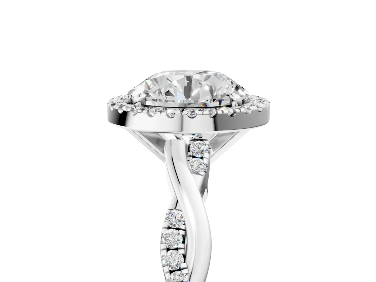 Round Cut Cut Halo Twisted Band Four-Prong Ring Platinum