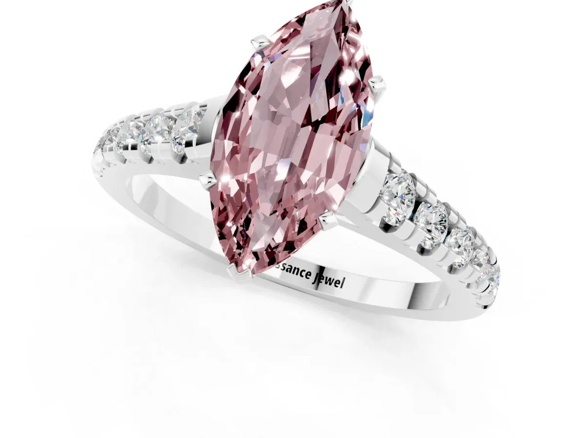 Marquise Cut Morganite Cathedral Solitaire Ring with Round Pavé Band Silver